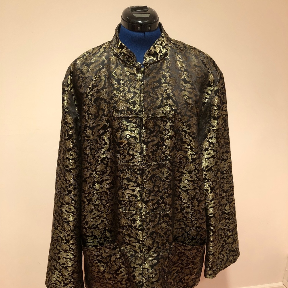 Chinese Mandarin Collar Gold Dragon Motif Silk Jacket Blazer XXL
